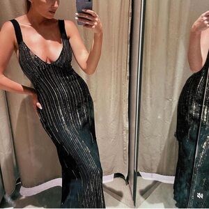 NWOT ZARA Black Gold Beaded Strappy V-Neck Maxi Dress